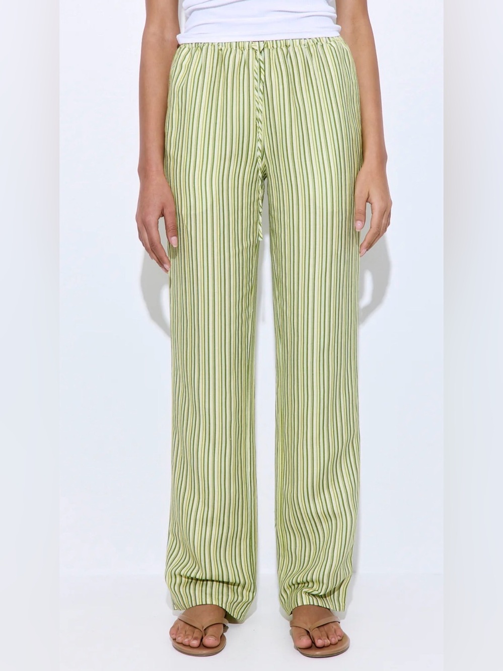 Wide Leg Striped Drawstring Pants in Light Green